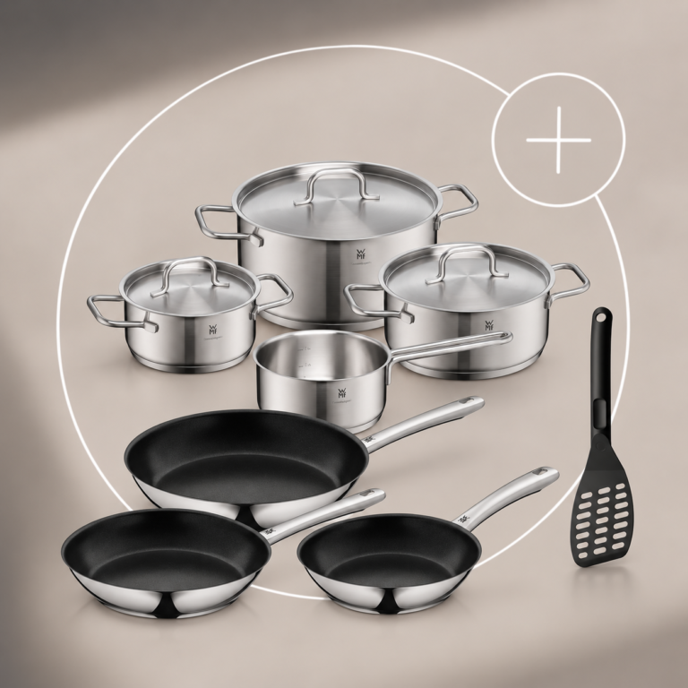 Pack de 3 sartenes Nordic Profi antiadherentes y anti-ralladuras (20, 24 y 28 cm), Batería de cocina Inspiration Plus de 4 piezas y Espátula para pescado WMF
