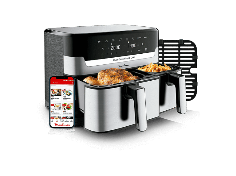 REACONDICIONADO Seminuevo Muy bueno Freidora de aire - Moulinex Dual Fry & Grill EZ905D, Cocinado Dual, 2700 W, 8.3 L, 2 Cubetas, 200 °C