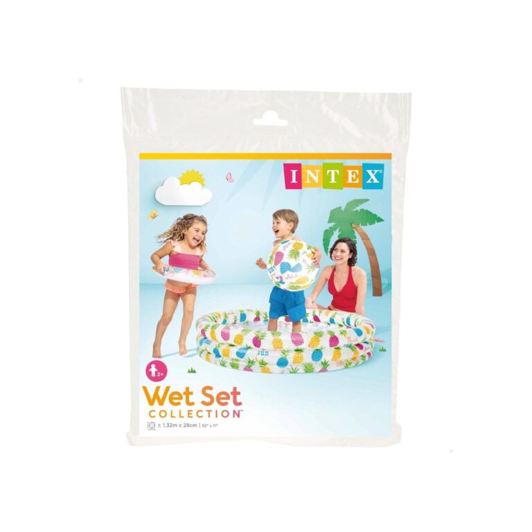 SET INFANTIL DE PISCINA, FLOTADOR Y PELOTA HINCHABLE PIÑAS INTEX, Piscina Hinchable Estampado de Colores, Piscina Redonda con 3 Aros, Piscina Infantil, Piscina Hinchable Redonda para n, Material Estable , Duradero, En el Jaedin, Terraza en el Verano