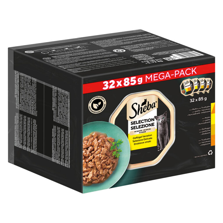 Sheba Multireceta en tarrinas para gatos 64 x 85 g - Pack Ahorro - Selección de aves en salsa