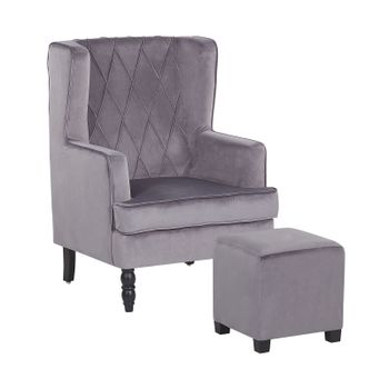Sillón Con Reposapiés Tapizado En Tela De Terciopelo Gris Con Patas De Madera Butaca Silla Orejera Sandset