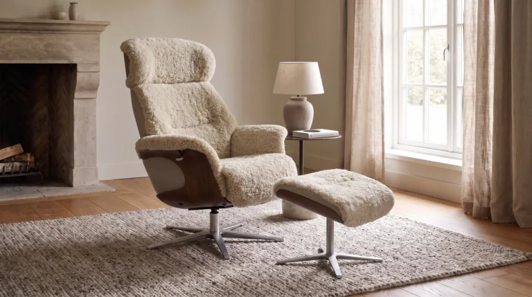 Sillón KAWOLA TOSAR, sillón reclinable giratorio de piel de oveja beige con Puf