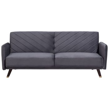 Sofá Cama 3 Plazas De Terciopelo Gris Madera Oscura Reclinable Senja