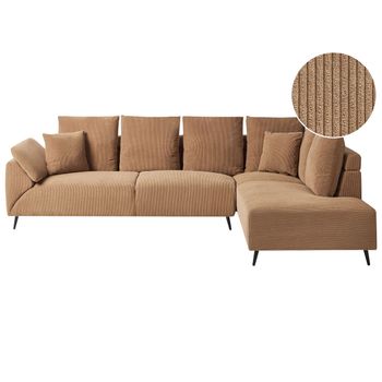 Sofá Esquinero Tapizado En Pana Marrón 266 X 181 Cm Cojines Adicionales Patas Cromadas Lunner