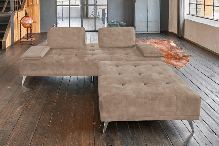 Sofá KAWOLA WIOLO, sofá cama tipo sofá diván con Puf, terciopelo color topo