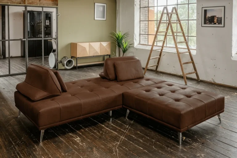 Sofá KAWOLA WIOLO, sofá diván tipo daybed con Puf, en piel marrón oscuro