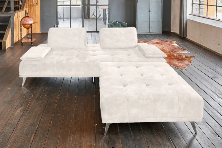 Sofá KAWOLA WIOLO, sofá diván tipo daybed con Puf, terciopelo blanco crema