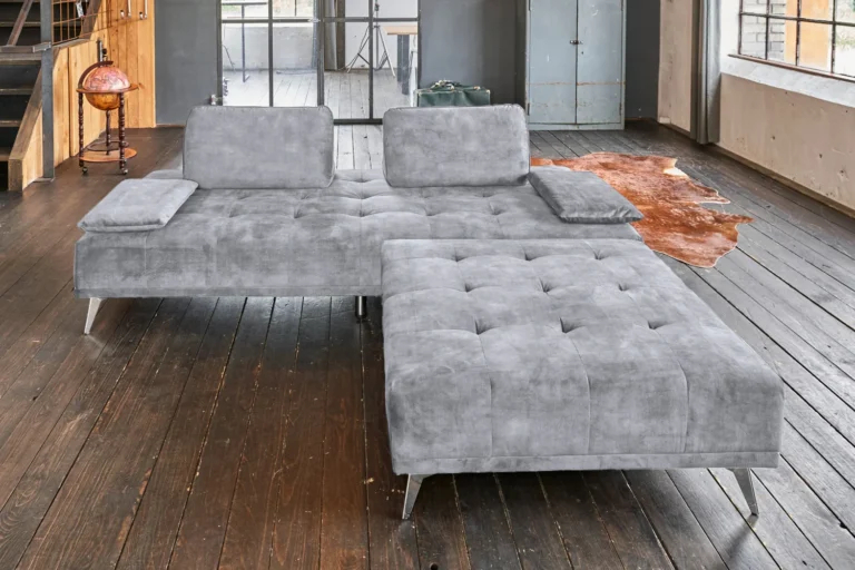 Sofá KAWOLA WIOLO, sofá diván tipo daybed con Puf, terciopelo gris