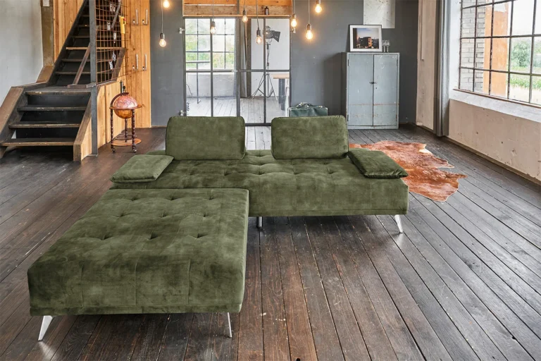 Sofá KAWOLA WIOLO, sofá diván tipo daybed con Puf, terciopelo verde musgo