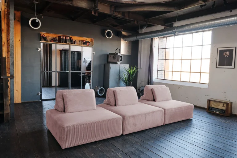 Sofá modular KAWOLA WIOLO SOFT, 3 módulos, 3 cojines respaldo, Pana rosa