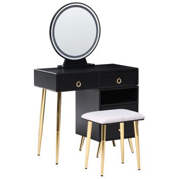 Tocador Led Negro Dorado Gris 98 X 38 Cm Mdf 6 Cajones Espejo Taburete Yves