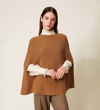 Twinset para mujer. 252TT3421 Jersey de estilo capa de mezcla de lana beige (XS/S), Casua