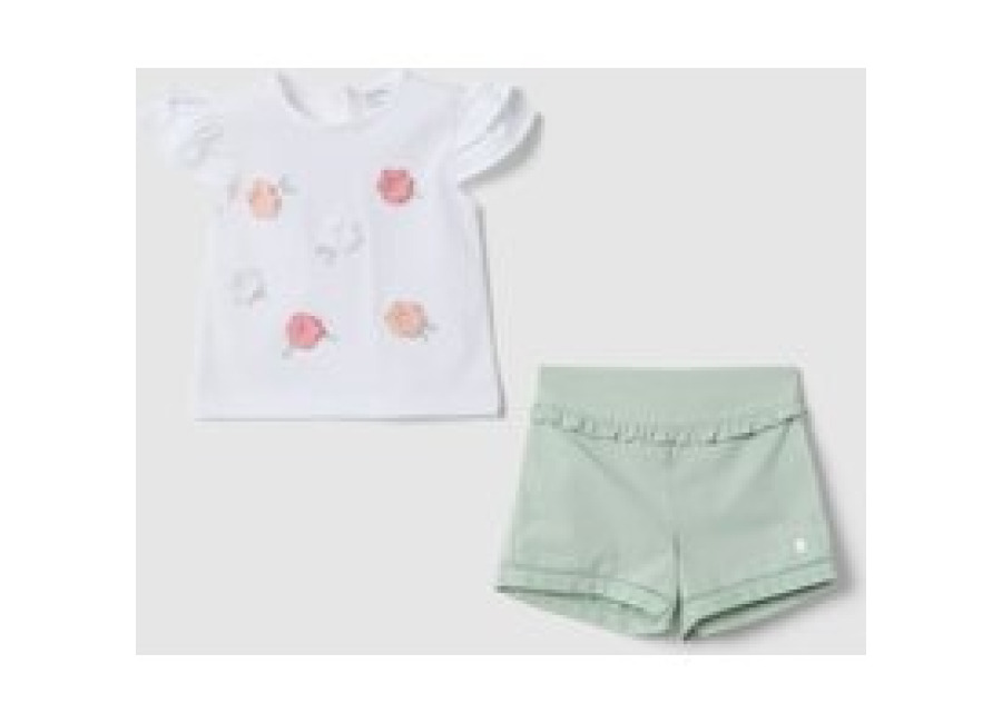 Fagottino Conjunto Multicolor De Mezcla De Algodón Y Lino Para Recién Nacida Con Flores Aplicadas, Bebé Niña, Blanco/verde, Talla: 3-6
