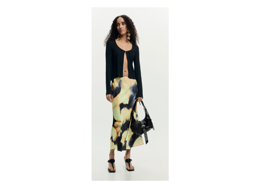 Desigual Falda estampada midi, Mujer, Poliester, Negro