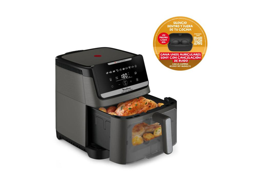 Moulinex Easy Fry Silence Vision, Freidora de aire, 7L, Tecnología Silenciosa, Compacta, Panel Frontal Desmontable, Ventana Visualización, Gri