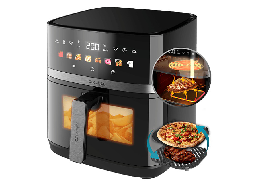 Cecotec Freidora de aire – Cecotec Cecofry&Grill Duoheat 8000, Doble resistencia, 8 L, 2200 W, menús, Cocción 3D, Parrilla, Ventana, Display táctil, N