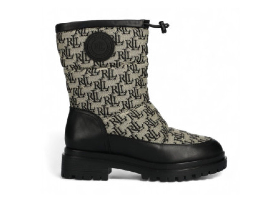 Zapatillas Lauren Ralph Lauren para mujer. 802882382001 Botines de piel Coree de jacquard con monograma negro (36), Plano, Ninguno, Casua