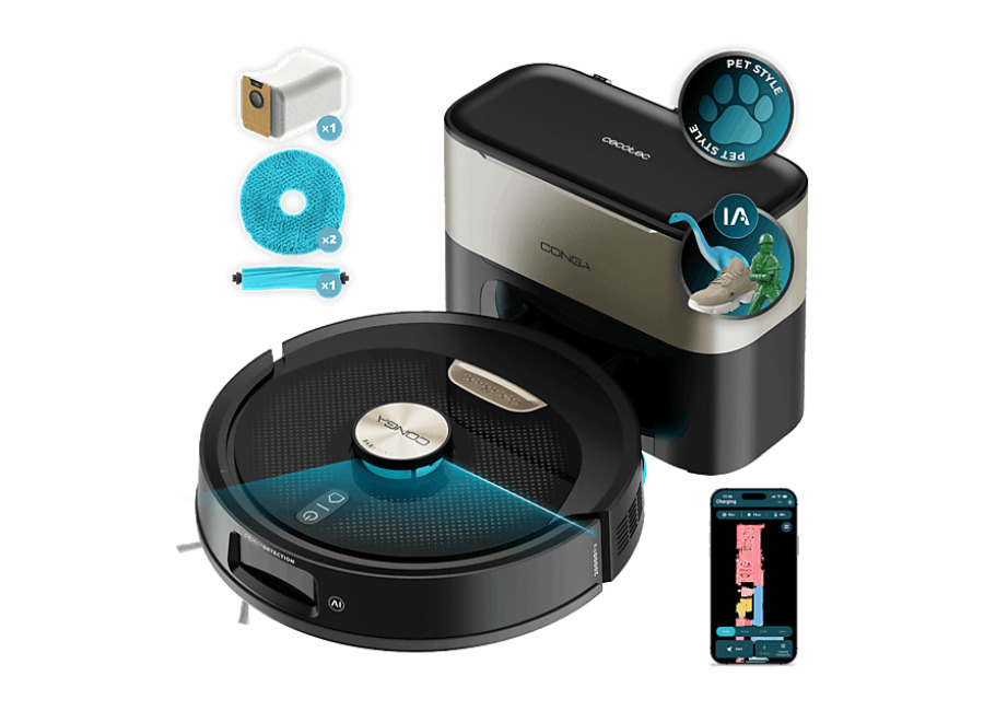Cecotec Robot aspirador – Cecotec Conga Y100 Spin AI, 20000 Pa, 220 m², Navegación láser, Autovaciado, Especial mascotas, Negro
