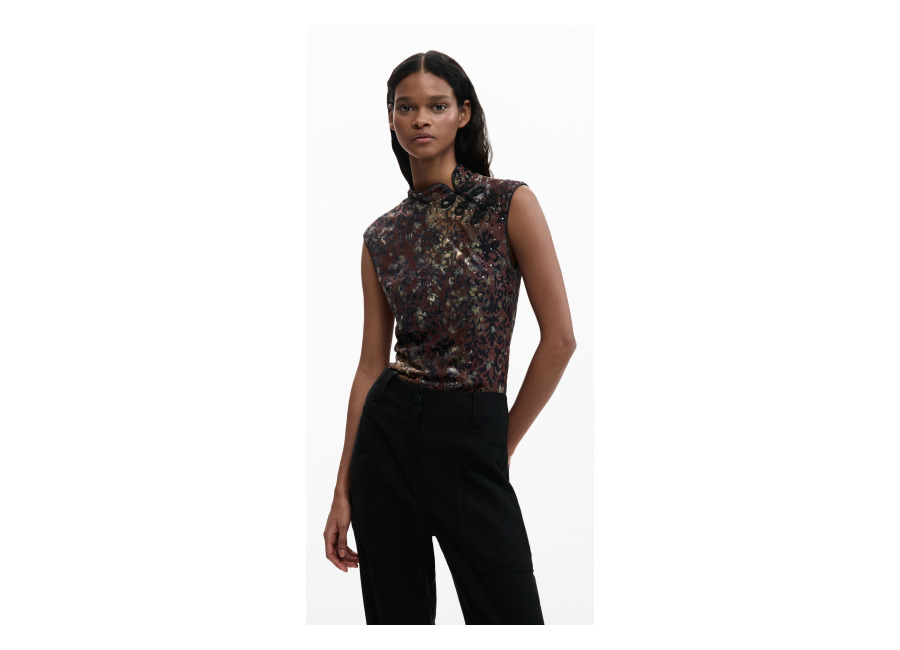Desigual Top sin mangas oriental, Mujer, Negro