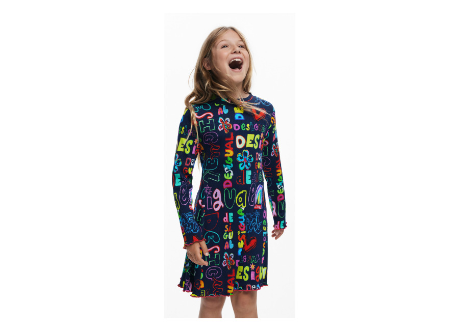 Desigual Vestido manga larga lettering, NiñOs, Algodon, Azul, 3/4