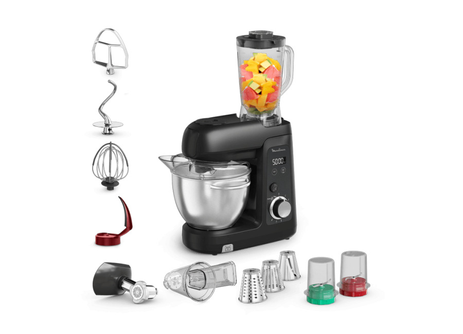 Moulinex Bake Partner +, Robot de repostería, 1100 W, 5 Accesorios Versátiles, Capacidad del bol 4,6L, Batidora 1,15l, Báscula Integrada, Kit Bakegood