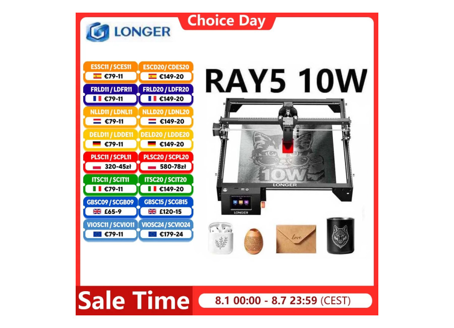 Grabador láser LONGER RAY5 de 10W, 0,06×0,06mm, pantalla táctil láser, tallado sin conexión, Chipset de 32…