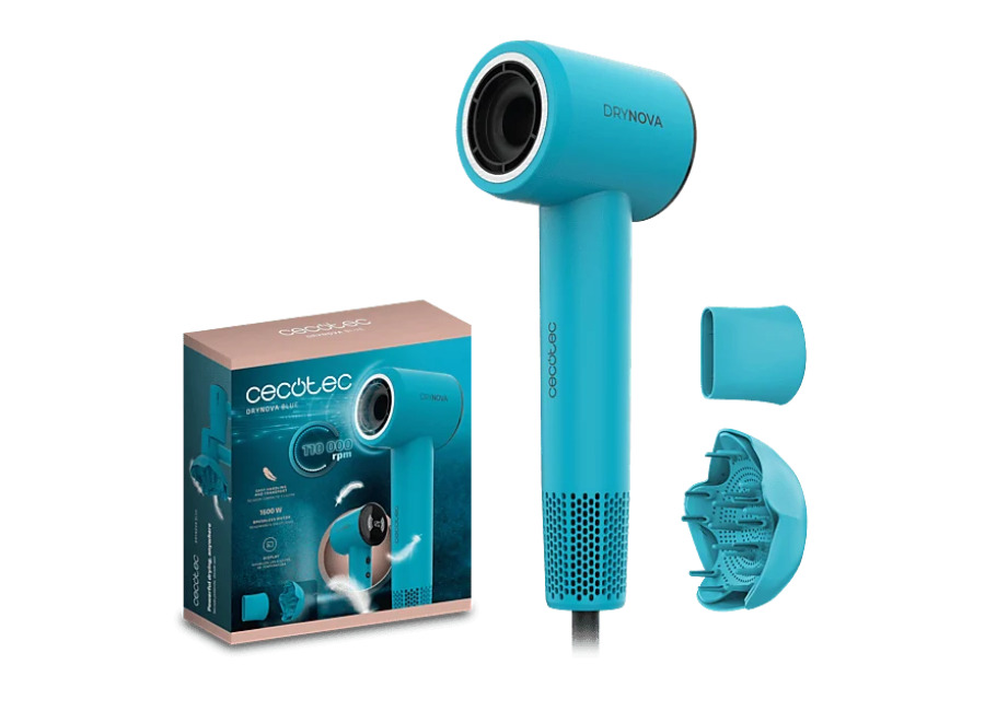 Cecotec Secador – Cecotec DryNova Blue, 1600W, 4 niveles de temperatura, 110.000 rpm, Pantalla, Incluye concentrador y difusor, Motor Brushless, Azu