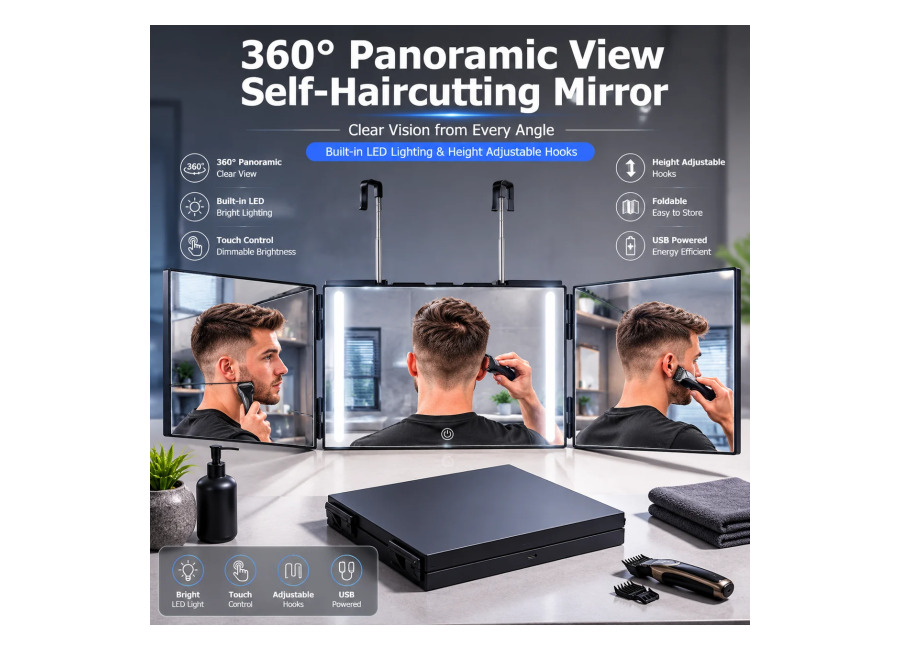 Espejo de maquillaje portátil negro, plegable en tres partes y con visión de 360°, con gancho…