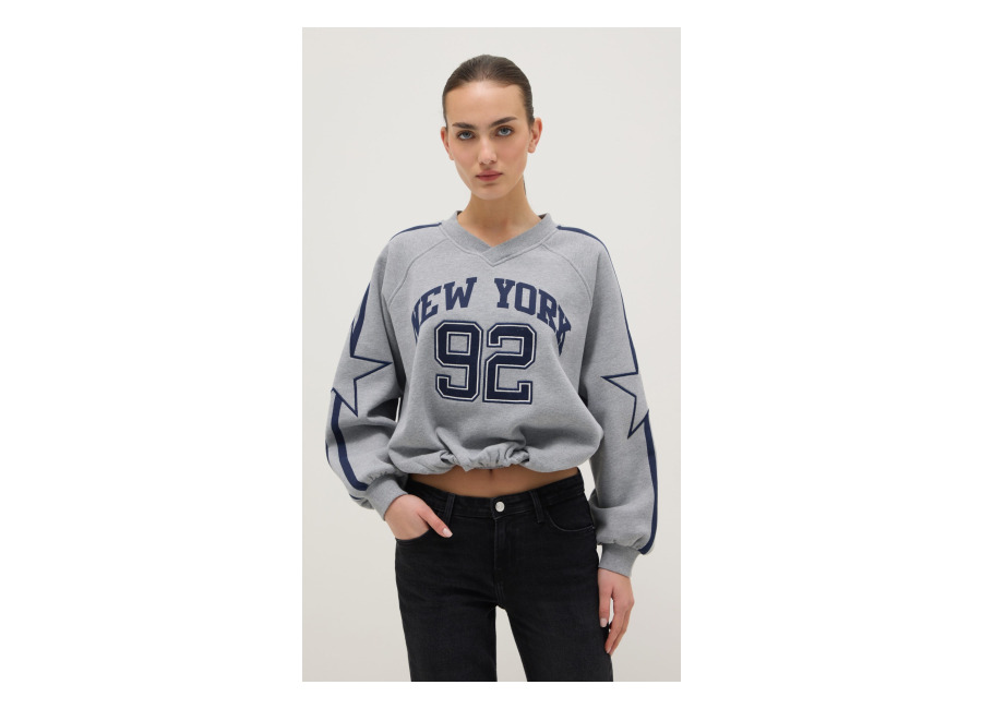 B.ANGEL Sudadera Gris Oversize De Mezcla De Algodón Con Cuello En V Y Estampado, Mujer, Gris jaspeado, Talla: 34