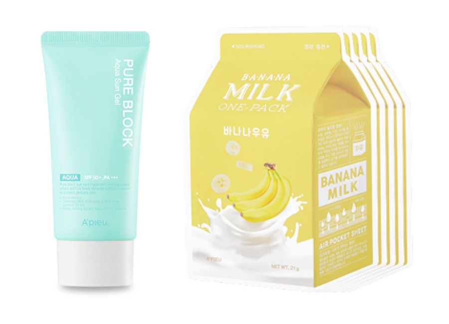 A’PIEU Milk One Pack Sheet Mask – Banana – 5pcs + Pure Block Aqua Sun Gel SPF50+ PA+++ (1ea) Set