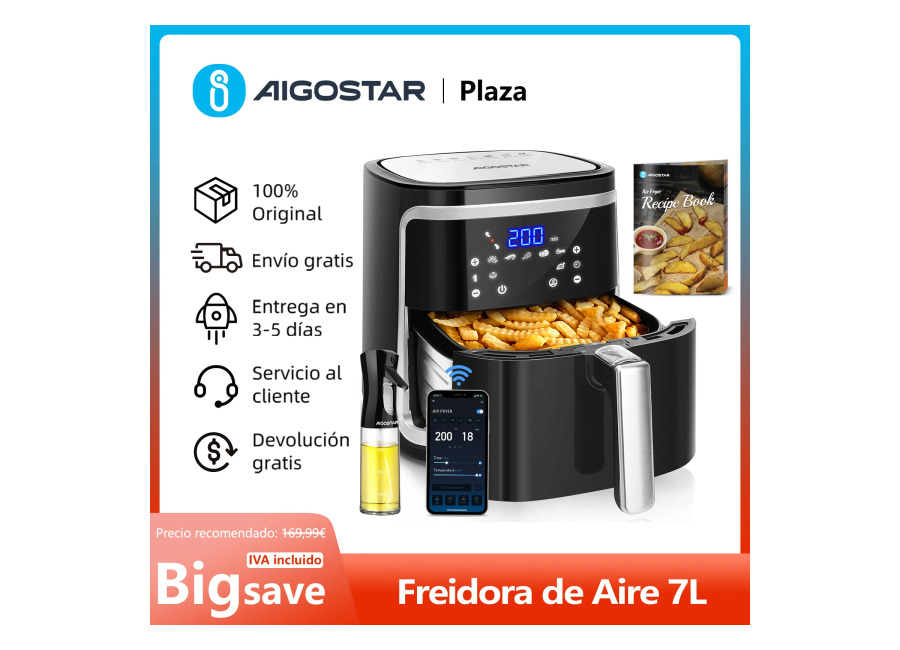 Freidora de Aire Inteligente, 7L, Pantalla LED Táctil, 7 Funciones, Cesta Antiadherente Extraíble, Conexión Wifi, 1900W
