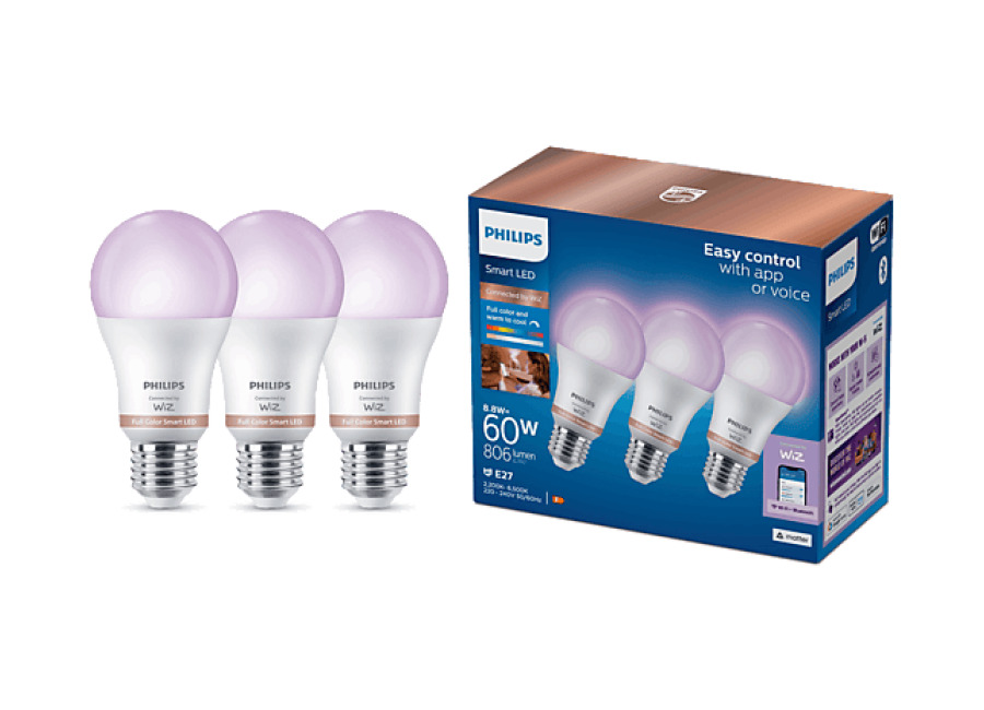 Philips SMART LED Bombilla inteligente-Philips SmartLighting Led E27 Pack x3un, RGB, 8,5W (Eq.60W), 806lm, wifi+BT, control via App WiZ, Matter, comp.