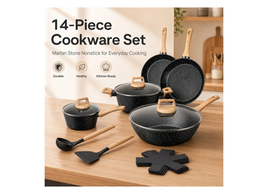 Juego de Utensilios de Cocina Antiadherentes de 14 Piezas con Tapas, Juego de Ollas y Sartenes…
