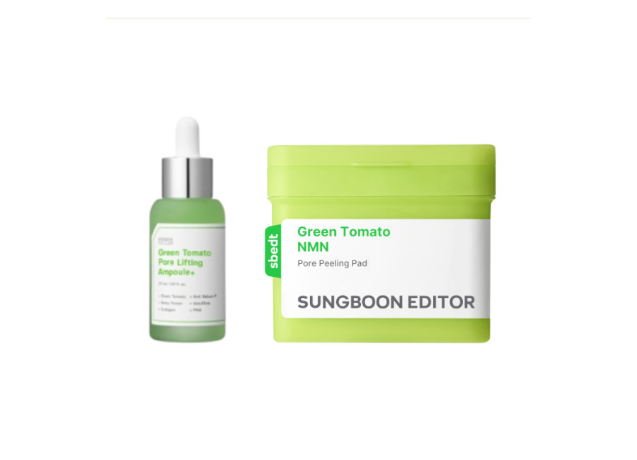 Sungboon EDITOR – Green Tomato NMN Pore Peeling Pad – 170ml (1ea) + Green Tomato Pore Lifting Ampoule+ – 30ml (1ea) Set