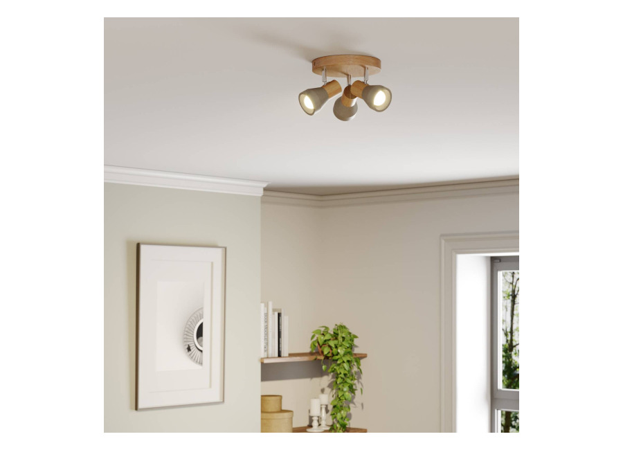 Lindby Filiz foco, 3 luces, Ø 20 cm, madera, hormigón, E14