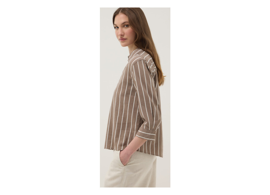 Ovs Camisa Marrón De Rayas En Mezcla De Lino Y Viscosa, Mujer, Gris, Talla: 34