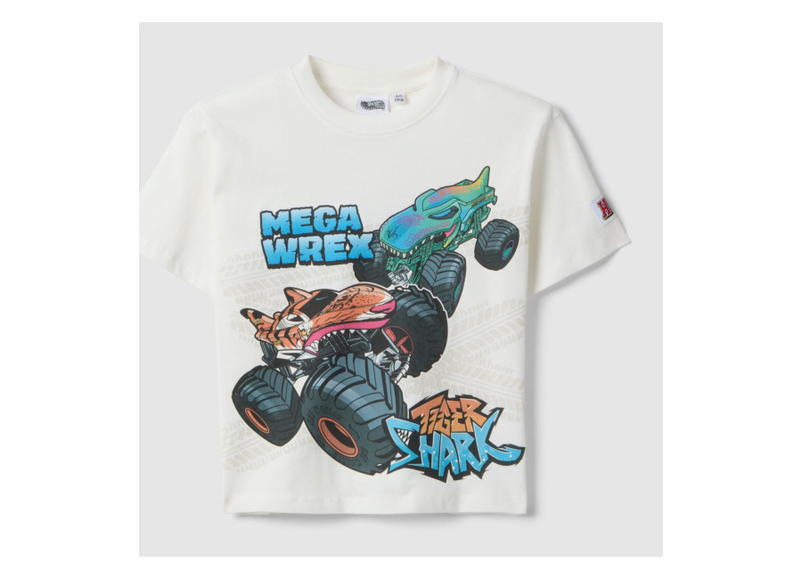 Peanuts Camiseta Blanca Para Niños En Algodón Puro De Ajuste Oversize Con Hot Wheels, Niño, Blanco óptico, Talla: 7-8