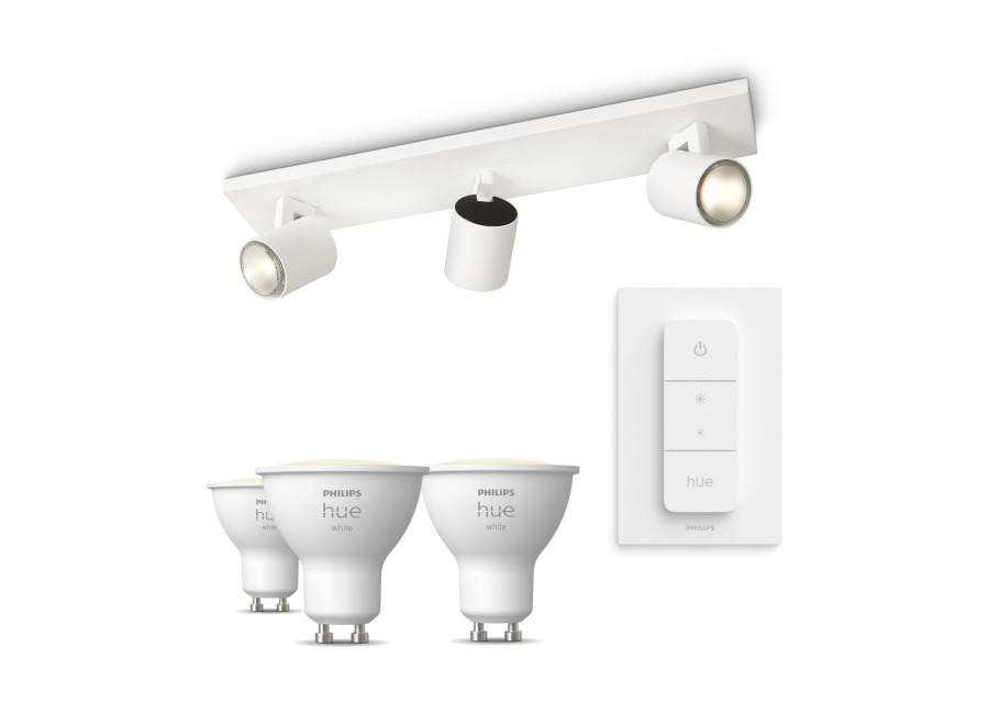 Philips Hue Philips Pack: X3 Focos Philips Runner (blanco) + 3 Bombillas Hue Gu10 Luz Blanca Cálida + Mando