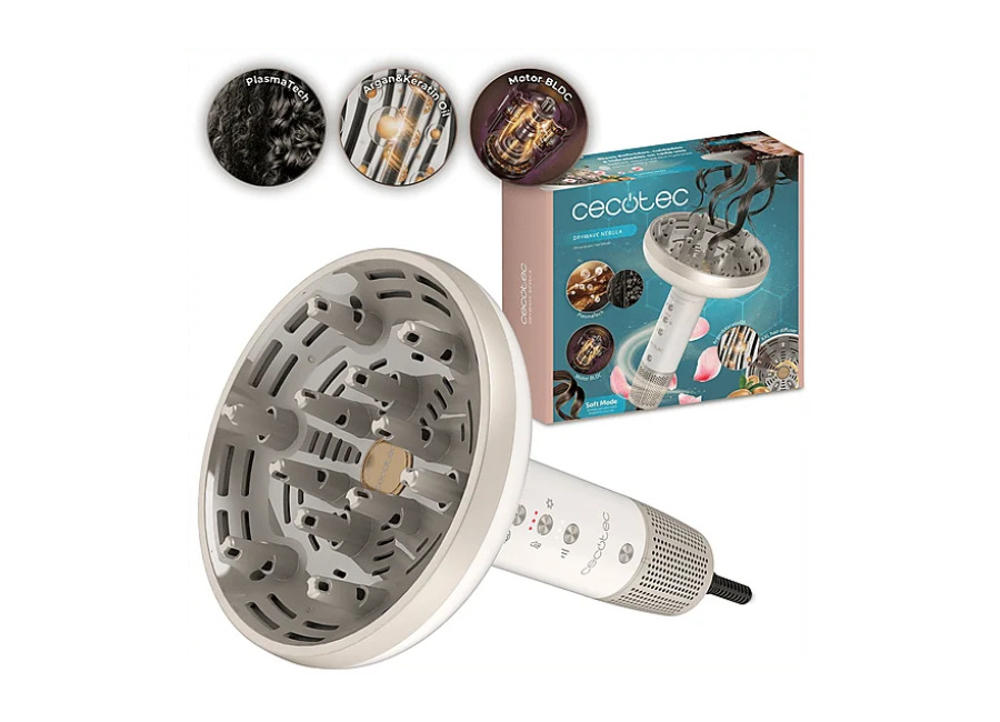 Cecotec Secador – Cecotec DryWave Nébula, 1300W, 3 velocidades, temperaturas, PlasmaTech, Difusor XXL, Motor BLDC, 12 púas, Argan&Keratin Oil, Champag