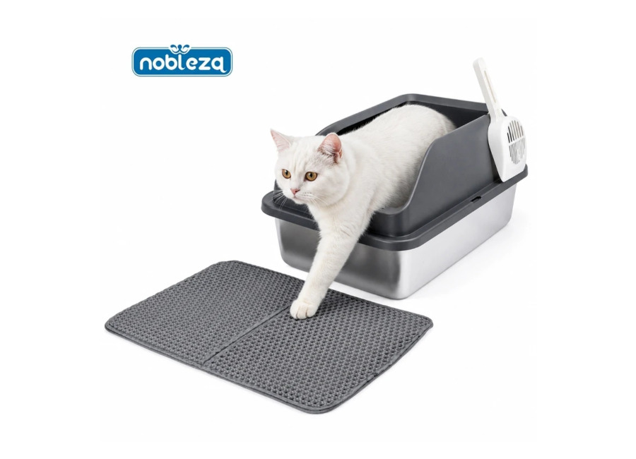 Nobleza Arenero de Acero Inoxidable para Gatos con Pared Alta, Diseño Anti-Salpicaduras, Kit Completo con Alfombra…