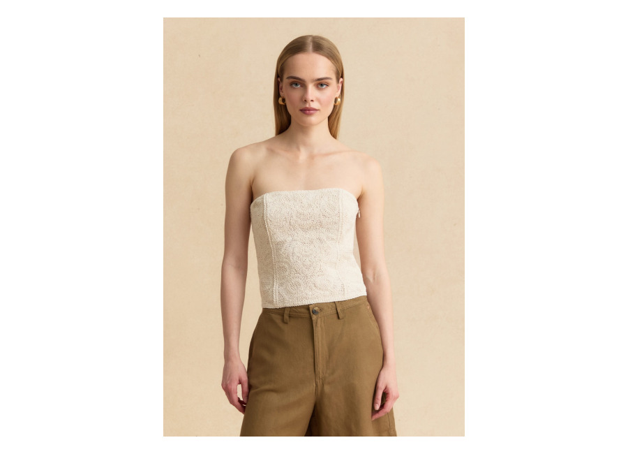 Les COPAINS, Top Beige Palabra De Honor En Mezcla De Algodón, Corte Regular Y Textura Trenzada, Mujer, Beige, Talla: S