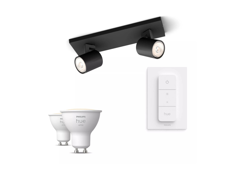Philips Hue Philips Pack: X2 Focos Philips Runner (negro) + 2 Bombillas Hue Gu10 Luz Blanca Cálida + Mando