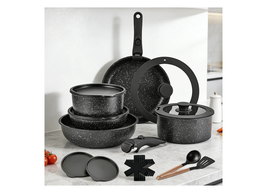 Juego de ollas y sartenes antiadherentes de 17 piezas con mango desmontable, juego de cocina antiadherente…
