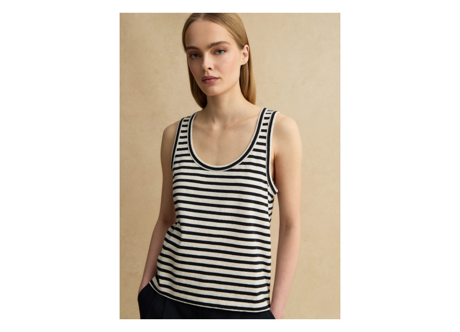 Les COPAINS Camiseta Sin Mangas De Rayas Multicolores De Algodón Y Lino Corte Regular, Mujer, Blanco/negro, Talla: 38