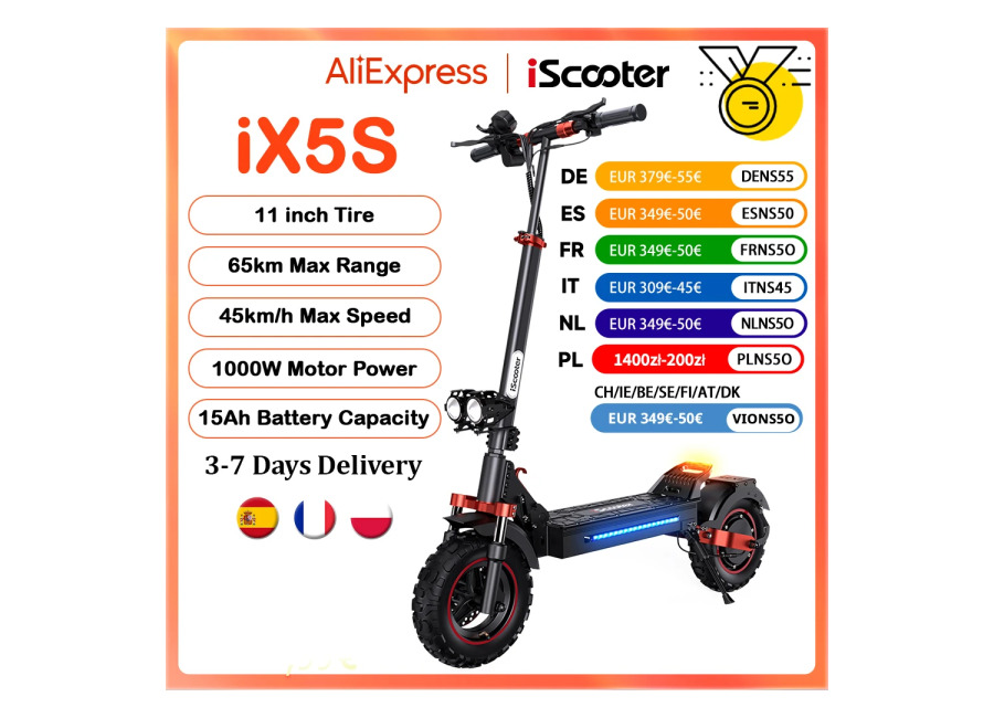 Patinete eléctrico iScooter iX5s de 15 Ah y 1000 W, potente, antideslizante, todoterreno, con neumático, autonomía…