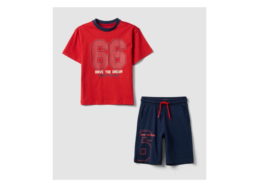 Ovs KIDS Conjunto Rojo De Algodón Puro Con Camiseta Y Pantalón Corto, Niño, Rojo/Azul, Talla: 3-4