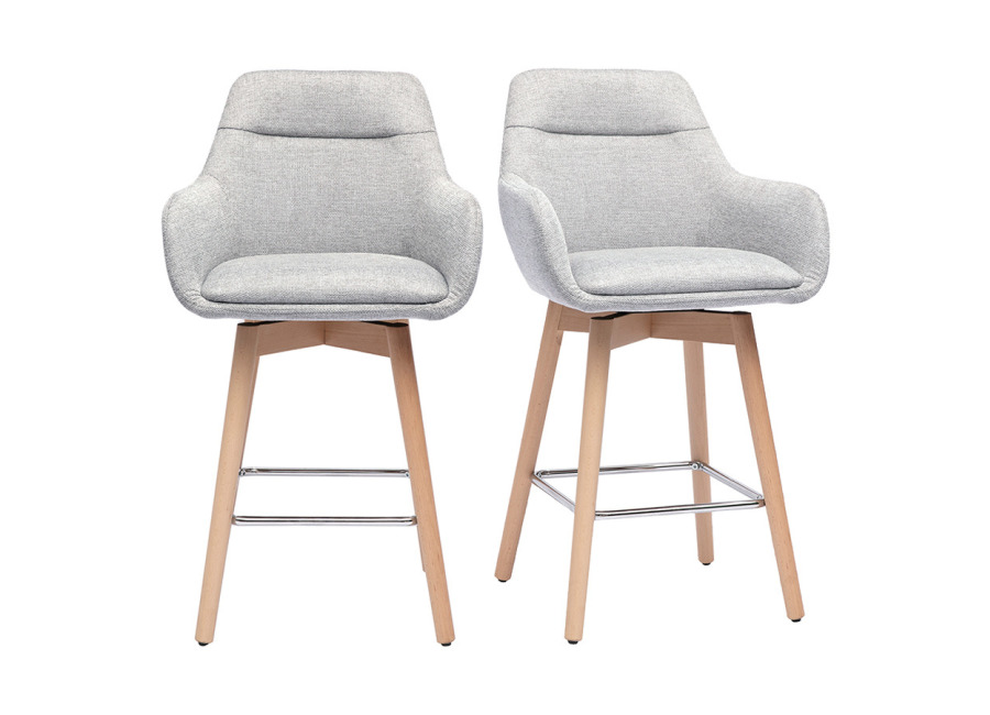 Miliboo Taburetes de bar escandinavos giratorios 360° en tela efecto terciopelo texturado gris claro y madera clara H65 cm (lote de 2) ALES