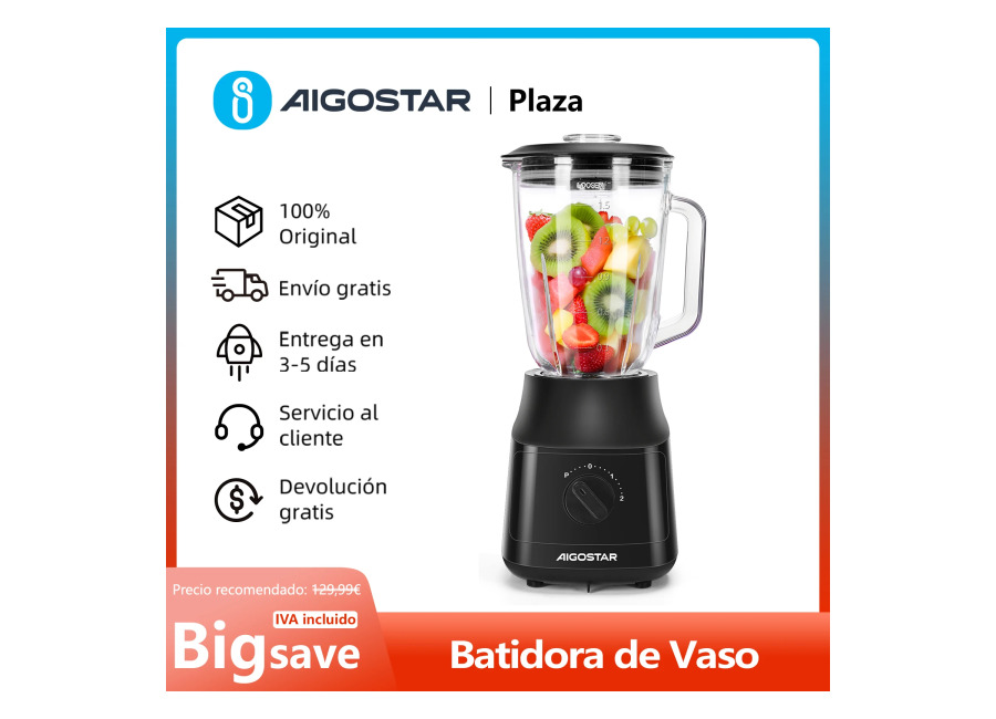 Batidora de Vaso de 600W, 1,5L, 4 Cuchillas con Recubrimiento de Titanio, 2 Velocidades y Pulse,…