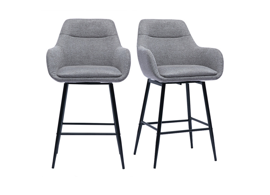 Miliboo Taburetes de bar giratorios 360° en tela efecto terciopelo texturizado gris y metal H65.5 cm (paquete de 2) ALES