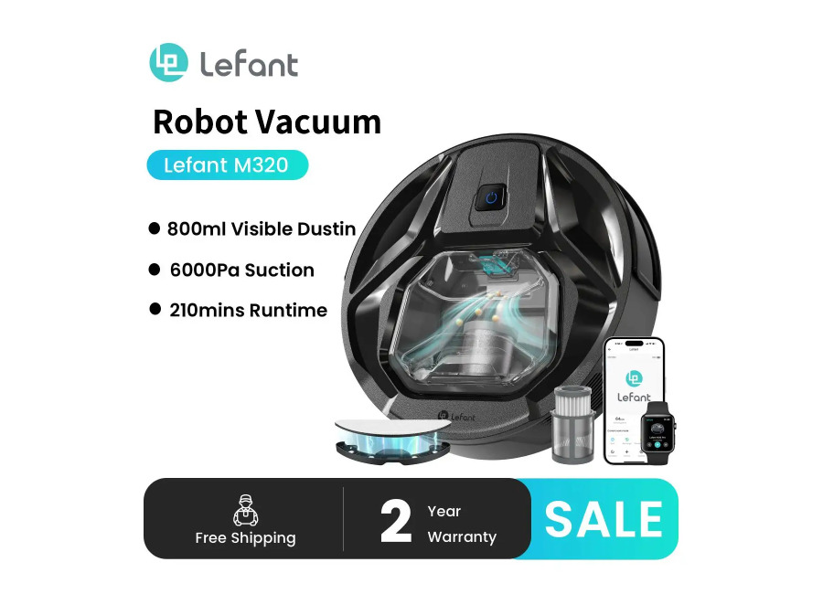 Robot Aspirador Lefant M320 con Mopa, Succión Potente de 6000Pa, Contenedor de Polvo Visible, Detección de…